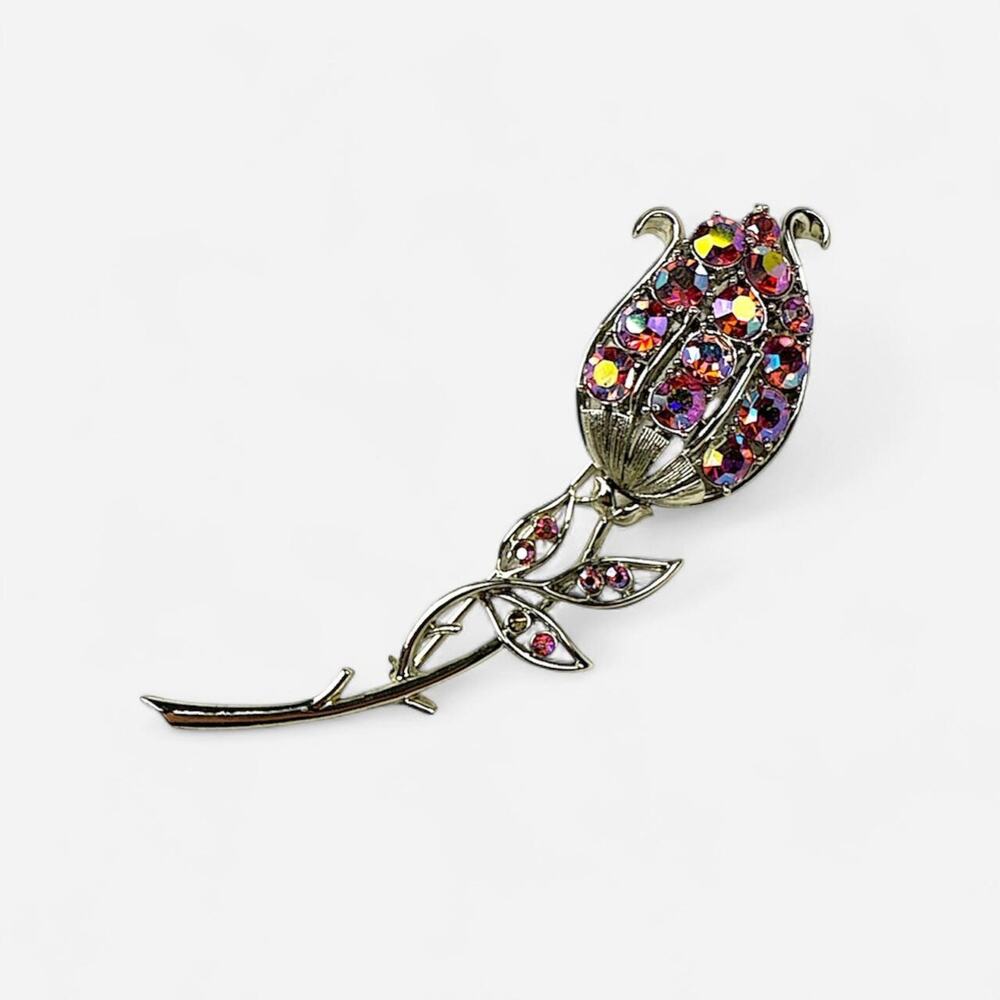 Pink silver rosebud tulip vintage brooch pin statement vintage rhinestone